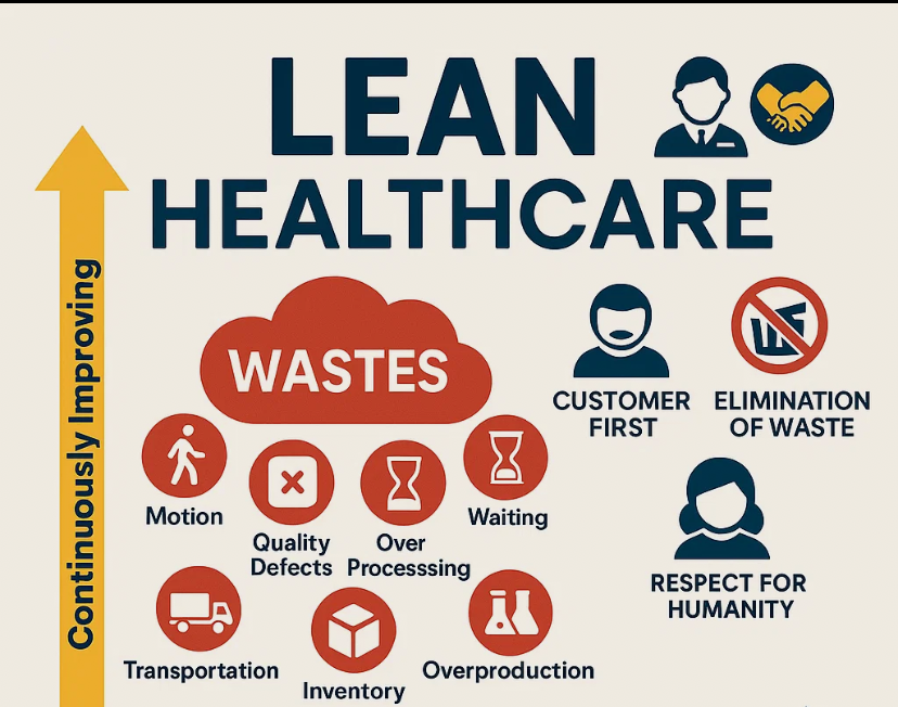 7 Wastes in Lean Healthcare with key principles of TPS and the contiuous improvement
